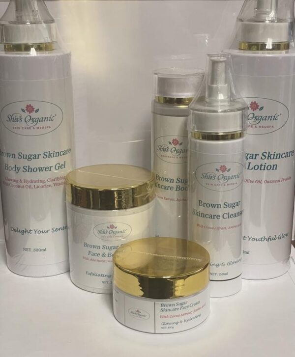 Sha's Brown Sugar Body Set Include Body Shower Gel, Body Lotion, Cleanser, Body oil, Body Scrub, Face Cream Body Care Moisturize - Image 5